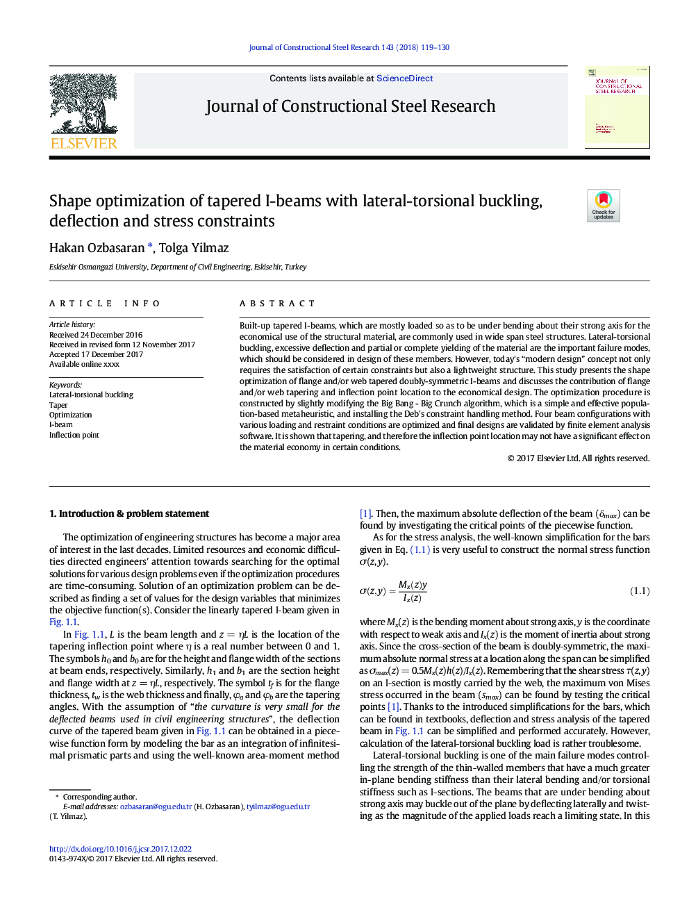 Shape optimization of tapered I-beams with lateral-torsional buckling, deflection and stress constraints