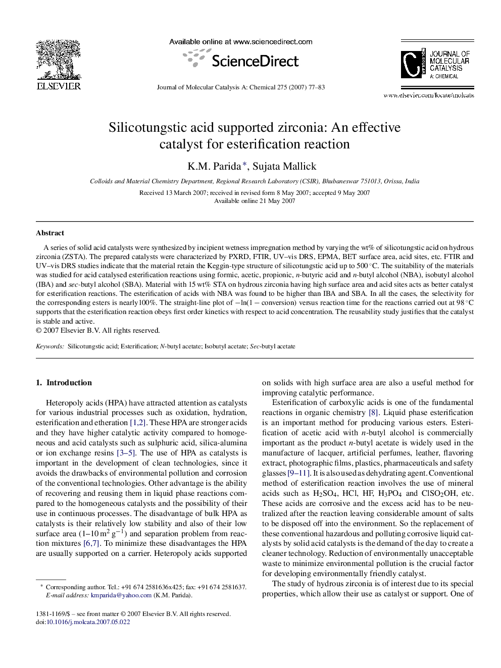 Silicotungstic acid supported zirconia: An effective catalyst for esterification reaction