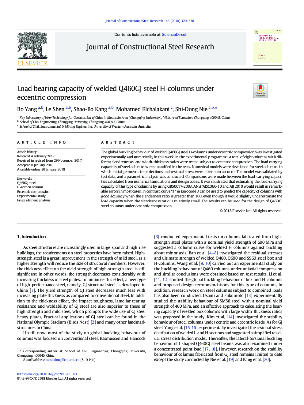 Load bearing capacity of welded Q460GJ steel H-columns under eccentric compression