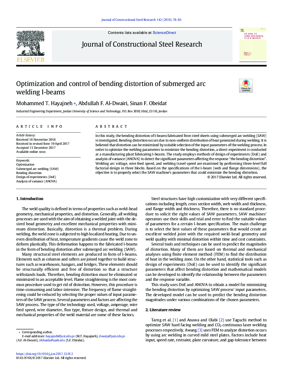 Optimization and control of bending distortion of submerged arc welding I-beams