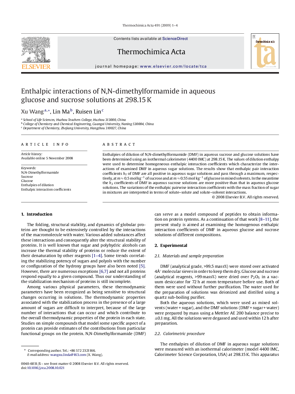 Enthalpic interactions of N,N-dimethylformamide in aqueous glucose and sucrose solutions at 298.15 K