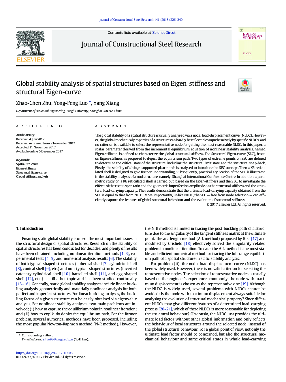 Global stability analysis of spatial structures based on Eigen-stiffness and structural Eigen-curve