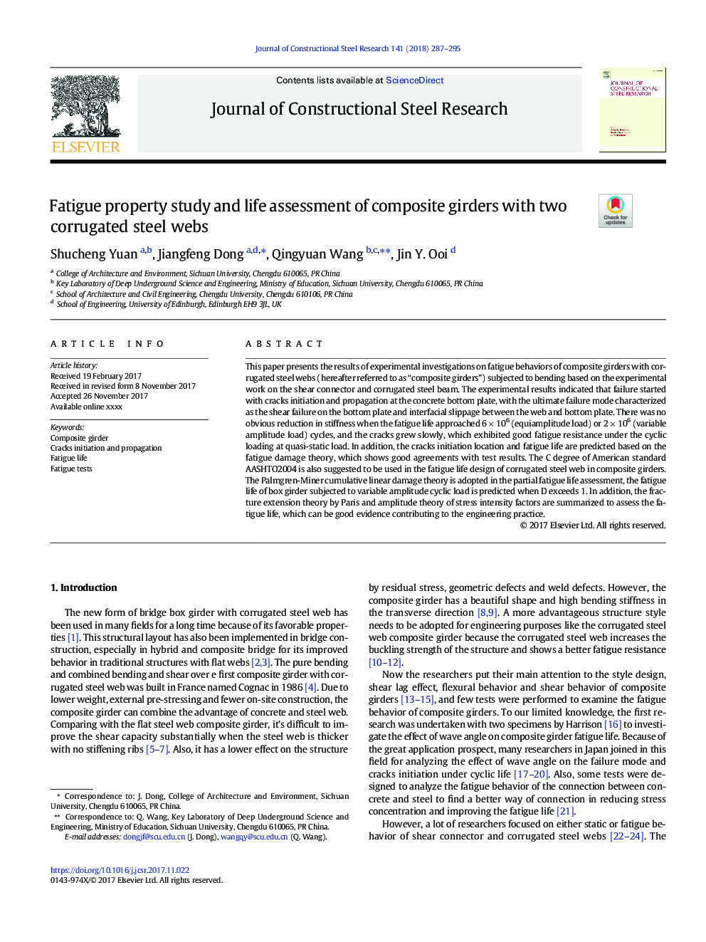 Fatigue property study and life assessment of composite girders with two corrugated steel webs