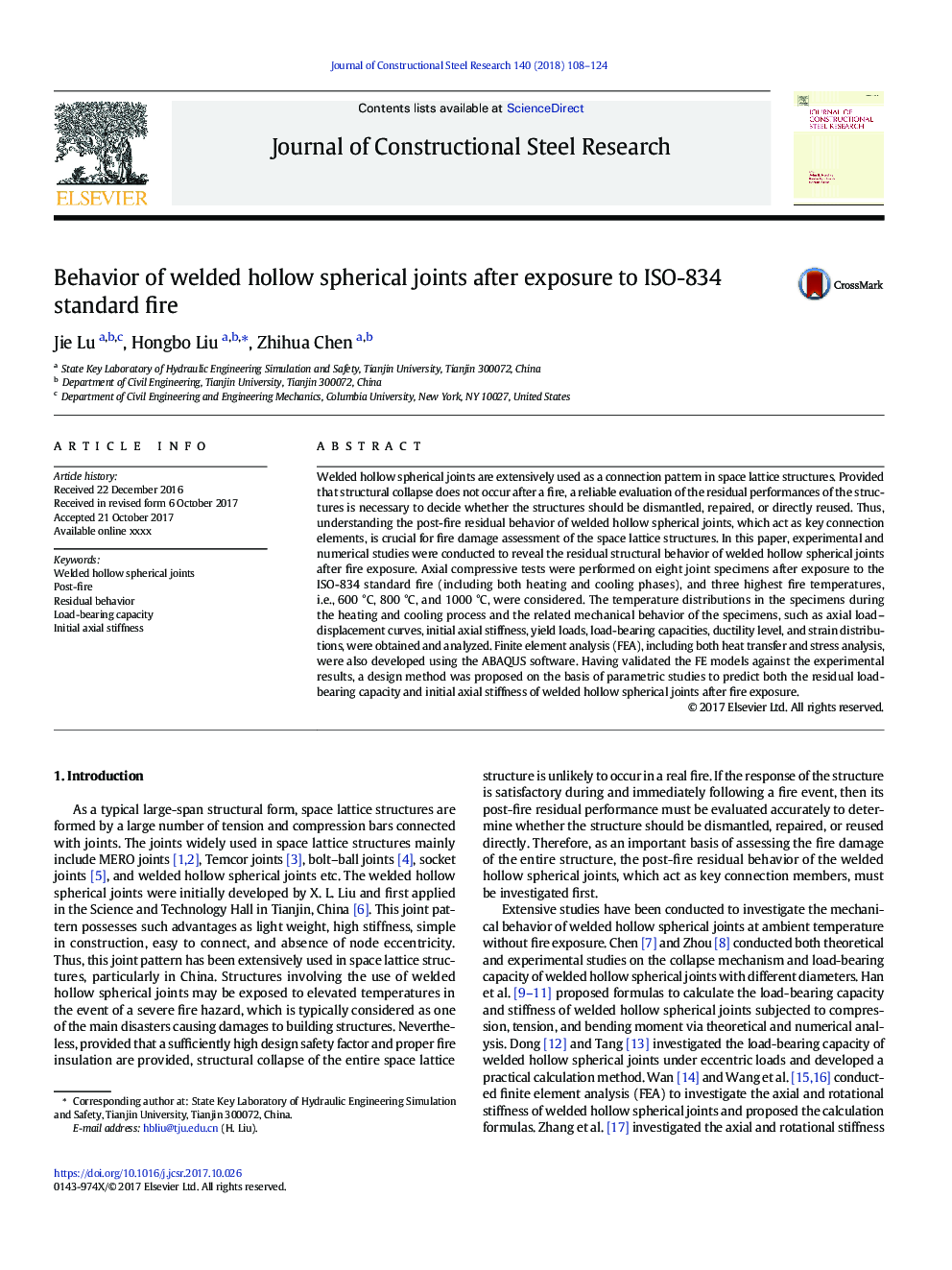 Behavior of welded hollow spherical joints after exposure to ISO-834 standard fire