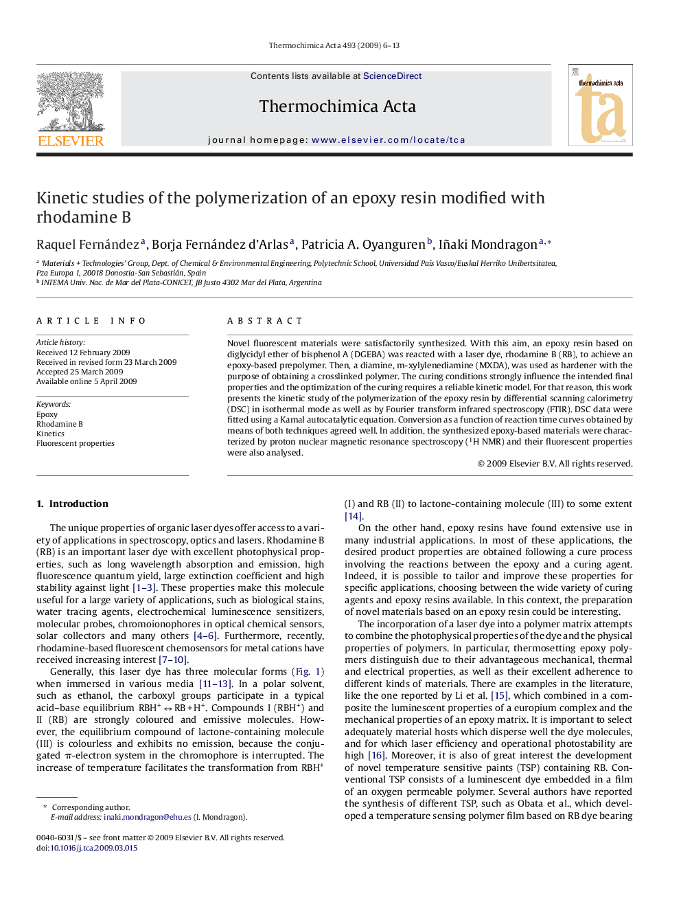 Kinetic studies of the polymerization of an epoxy resin modified with rhodamine B