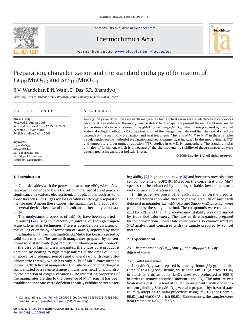 Preparation, characterization and the standard enthalpy of formation of La0.95MnO3+δ and Sm0.95MnO3+δ