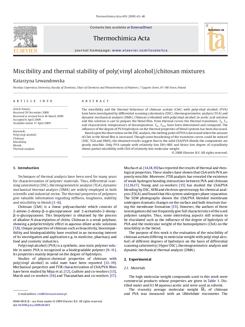 Miscibility and thermal stability of poly(vinyl alcohol)/chitosan mixtures