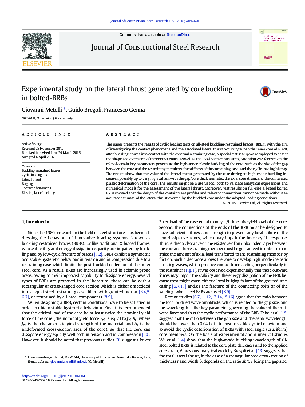 Experimental study on the lateral thrust generated by core buckling in bolted-BRBs