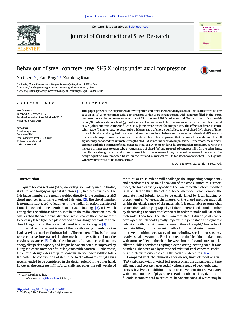 Behaviour of steel-concrete-steel SHS X-joints under axial compression