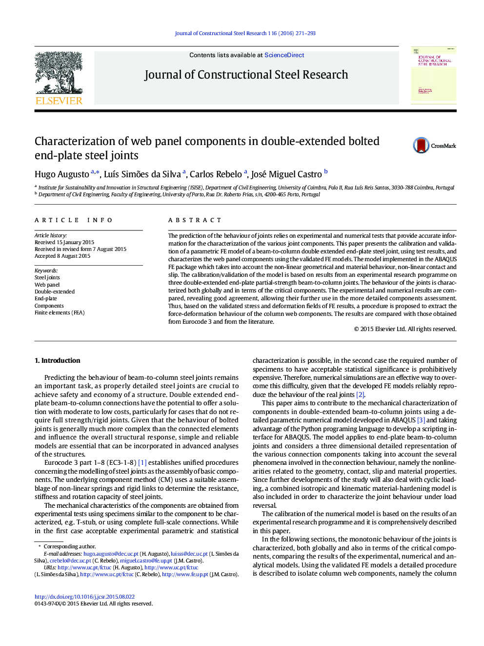 Characterization of web panel components in double-extended bolted end-plate steel joints