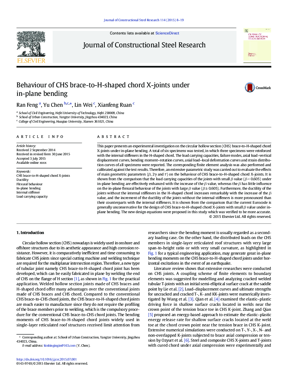 Behaviour of CHS brace-to-H-shaped chord X-joints under in-plane bending