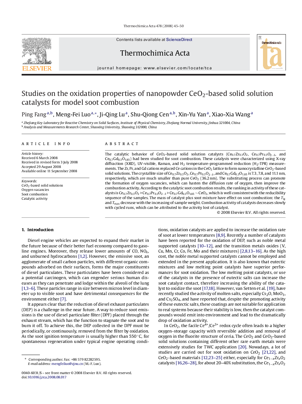 Studies on the oxidation properties of nanopowder CeO2-based solid solution catalysts for model soot combustion