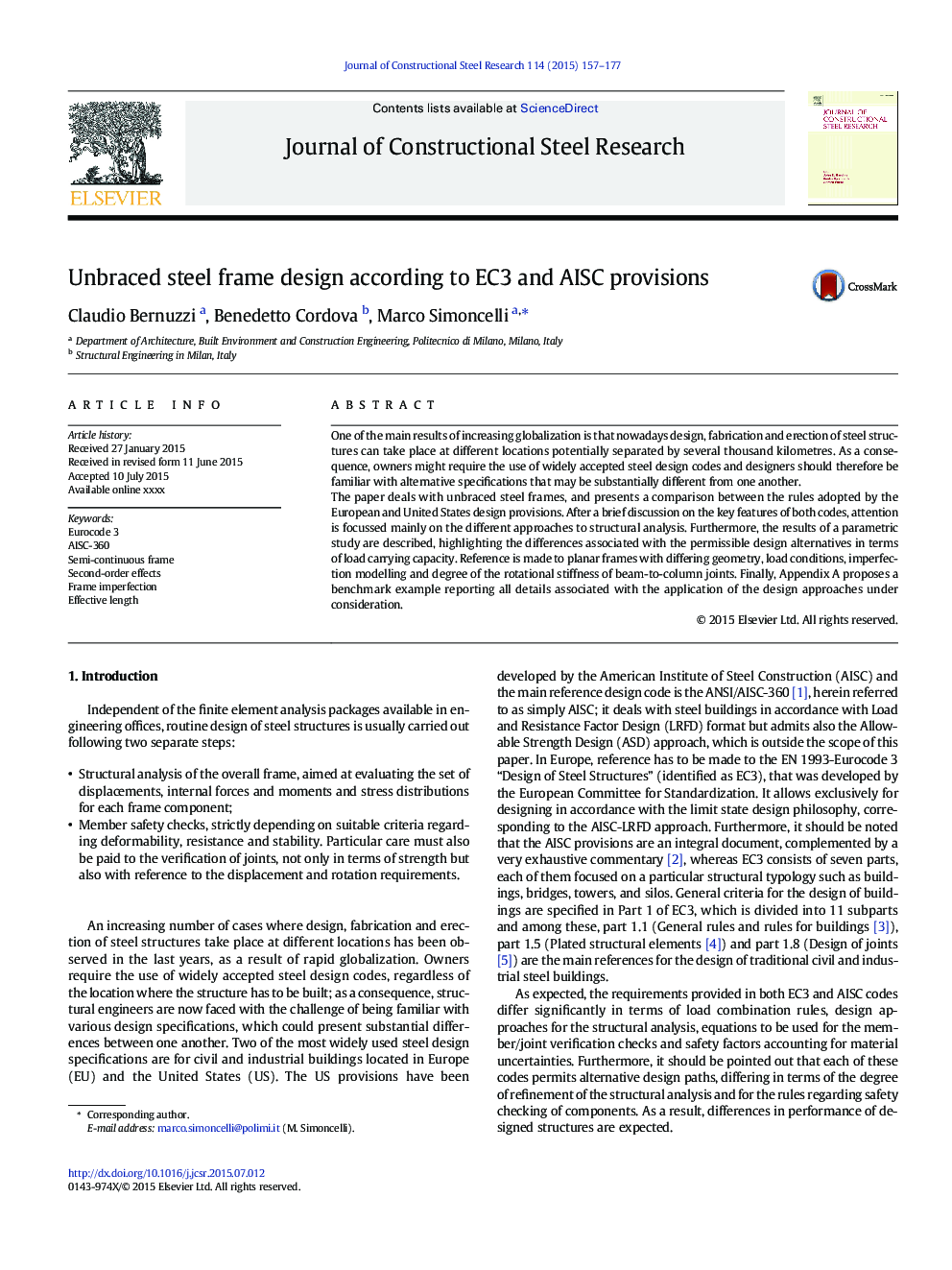 Unbraced steel frame design according to EC3 and AISC provisions