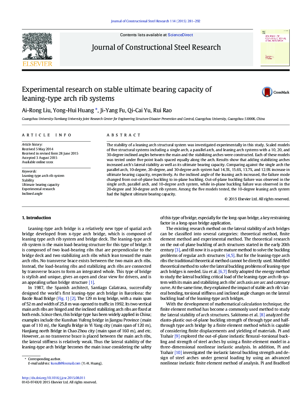 Experimental research on stable ultimate bearing capacity of leaning-type arch rib systems