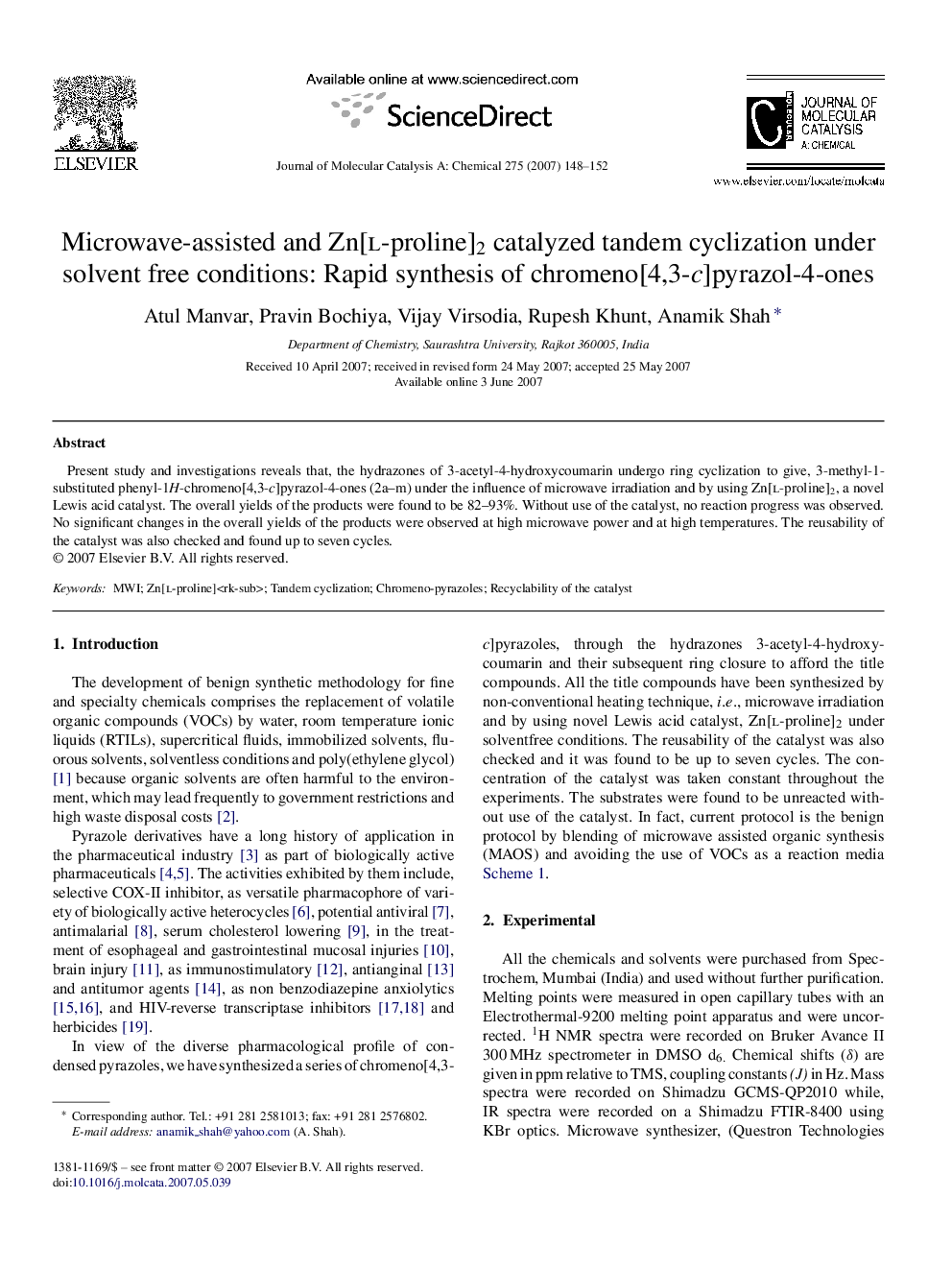 Microwave-assisted and Zn[l-proline]2 catalyzed tandem cyclization under solvent free conditions: Rapid synthesis of chromeno[4,3-c]pyrazol-4-ones