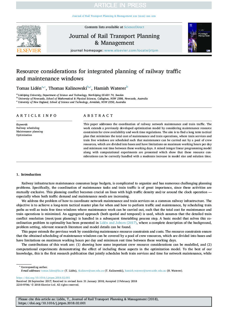 Resource considerations for integrated planning of railway traffic and maintenance windows