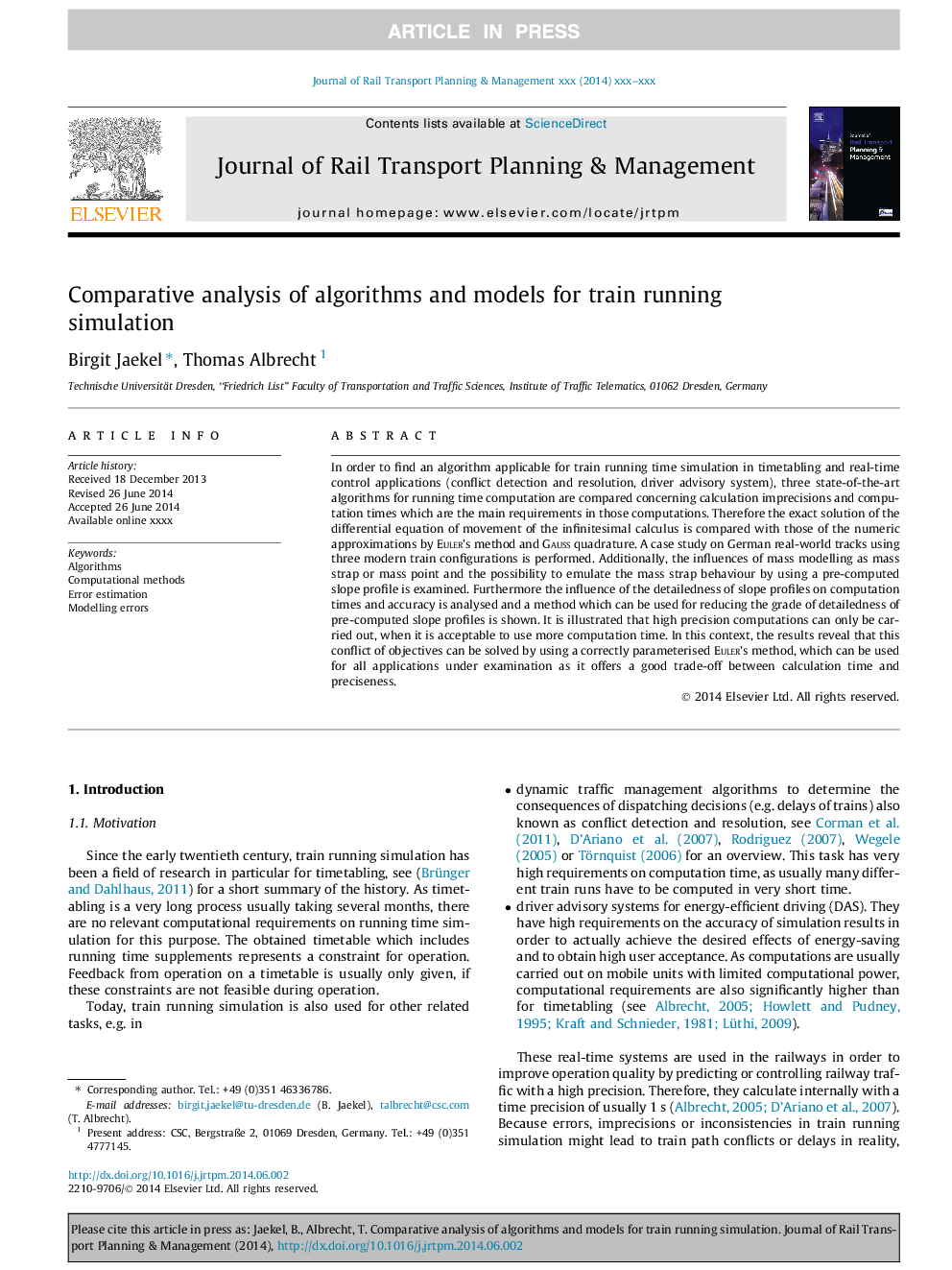 Comparative analysis of algorithms and models for train running simulation