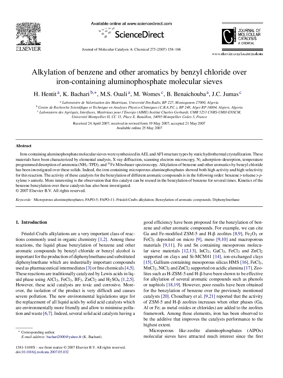 Alkylation of benzene and other aromatics by benzyl chloride over iron-containing aluminophosphate molecular sieves