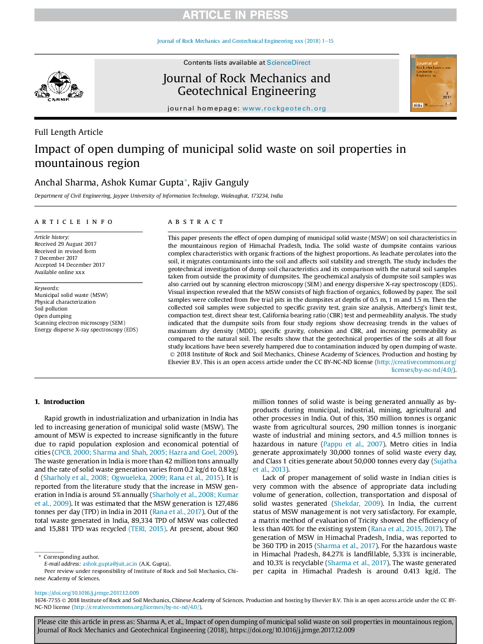 Impact of open dumping of municipal solid waste on soil properties in mountainous region