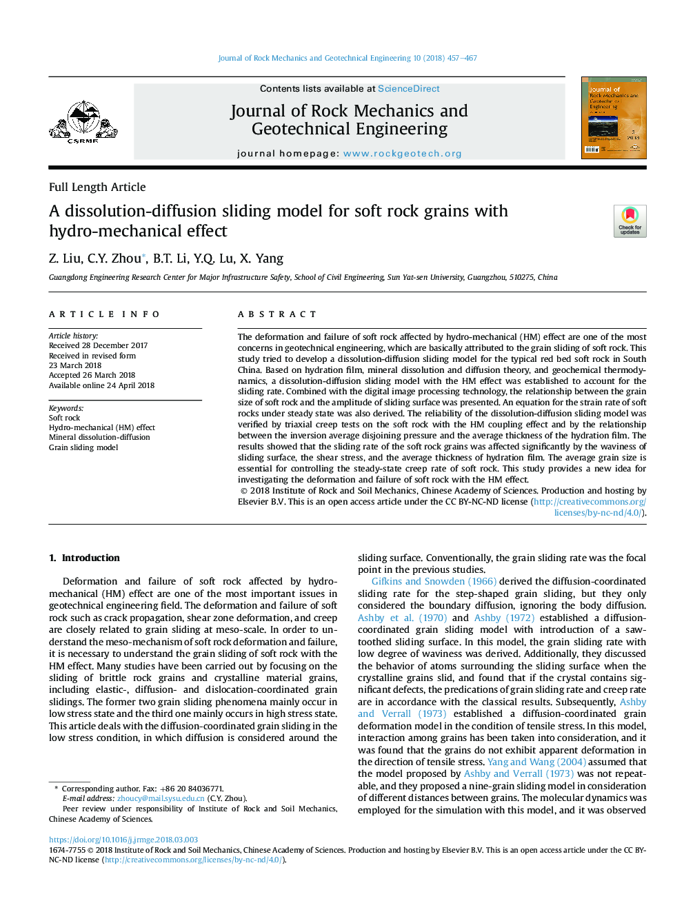 A dissolution-diffusion sliding model for soft rock grains with hydro-mechanical effect