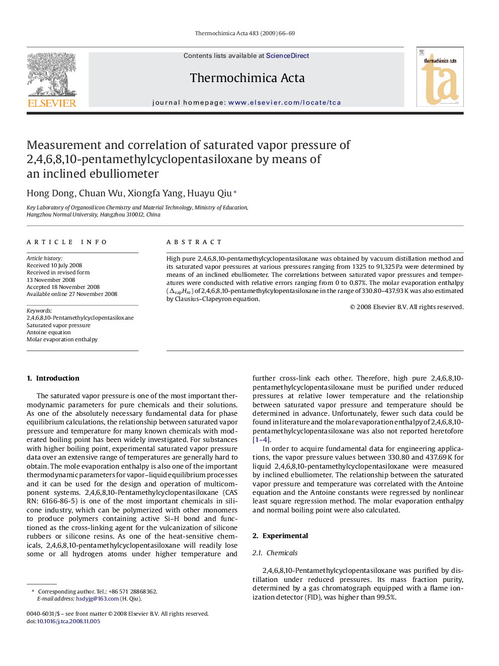 Measurement and correlation of saturated vapor pressure of 2,4,6,8,10-pentamethylcyclopentasiloxane by means of an inclined ebulliometer