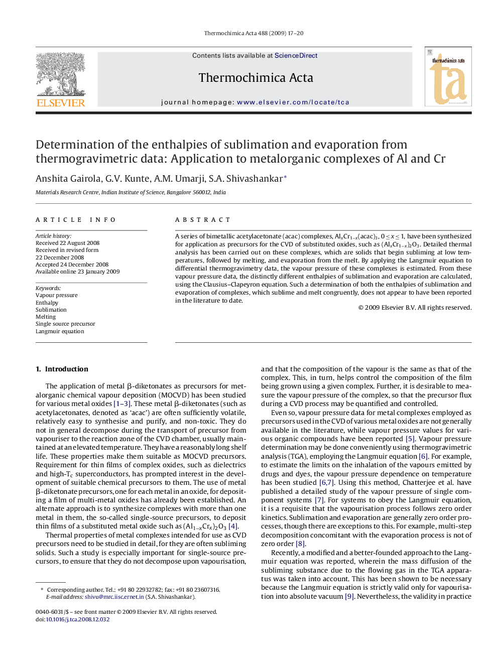 Determination of the enthalpies of sublimation and evaporation from thermogravimetric data: Application to metalorganic complexes of Al and Cr