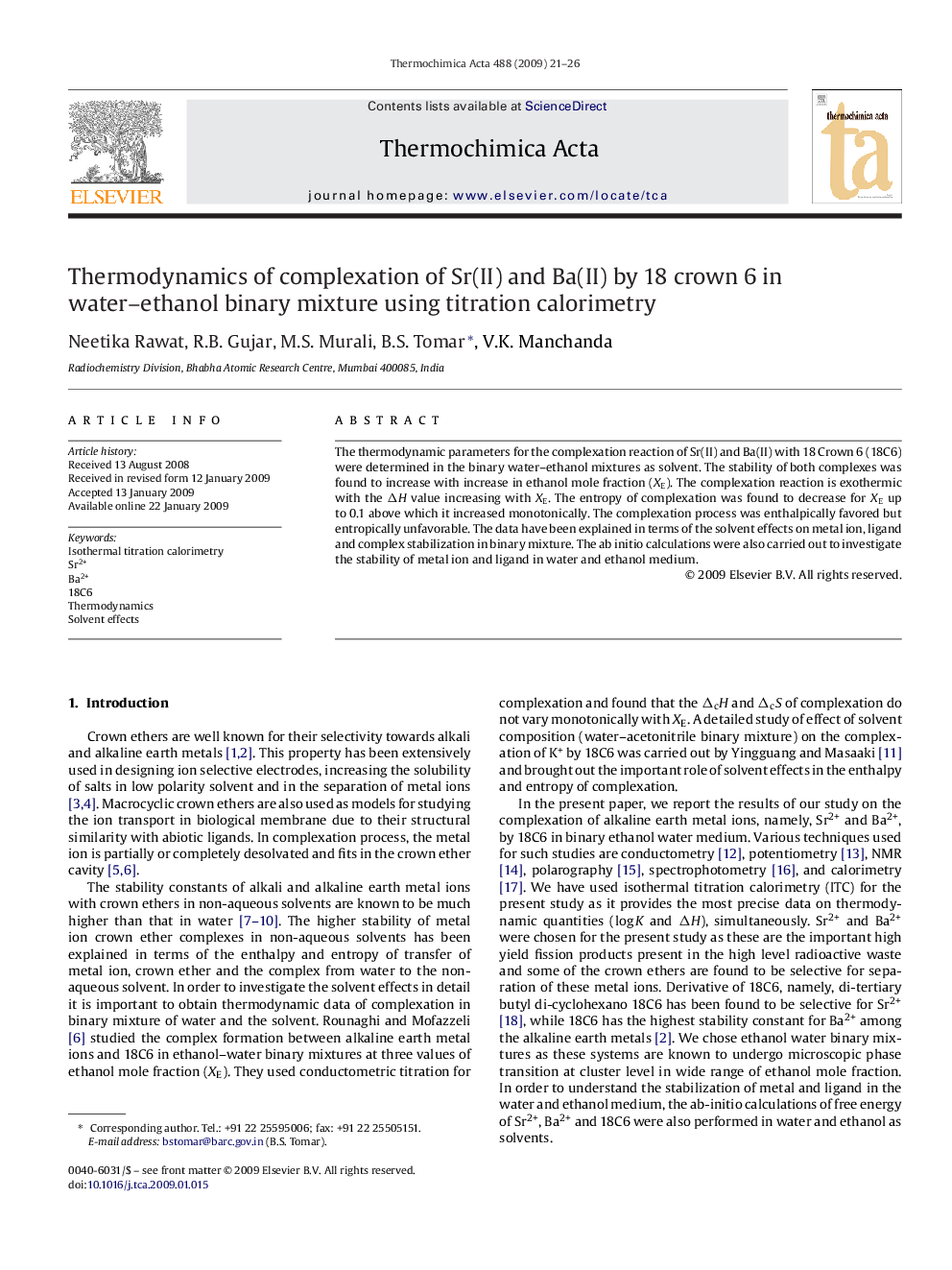 Thermodynamics of complexation of Sr(II) and Ba(II) by 18 crown 6 in water–ethanol binary mixture using titration calorimetry