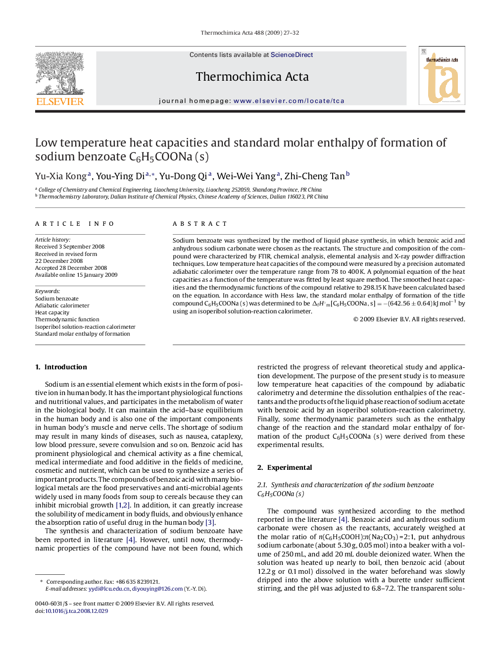 Low temperature heat capacities and standard molar enthalpy of formation of sodium benzoate C6H5COONa (s)