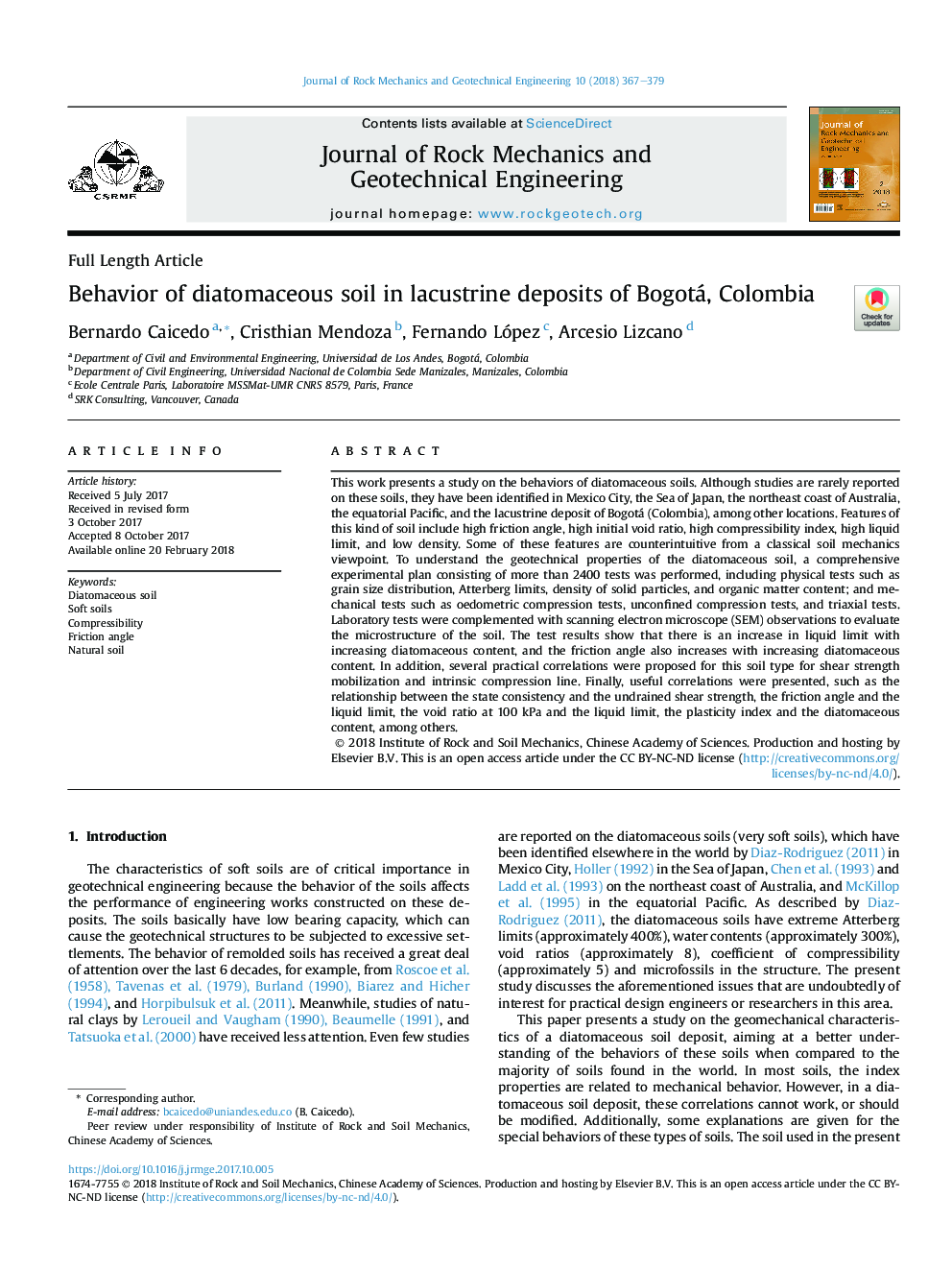 Behavior of diatomaceous soil in lacustrine deposits of Bogotá, Colombia