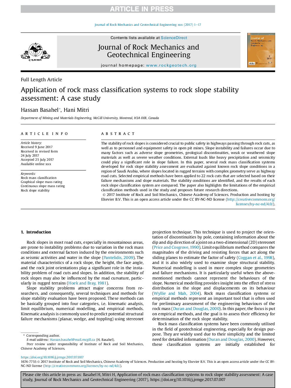 Application of rock mass classification systems to rock slope stability assessment: A case study