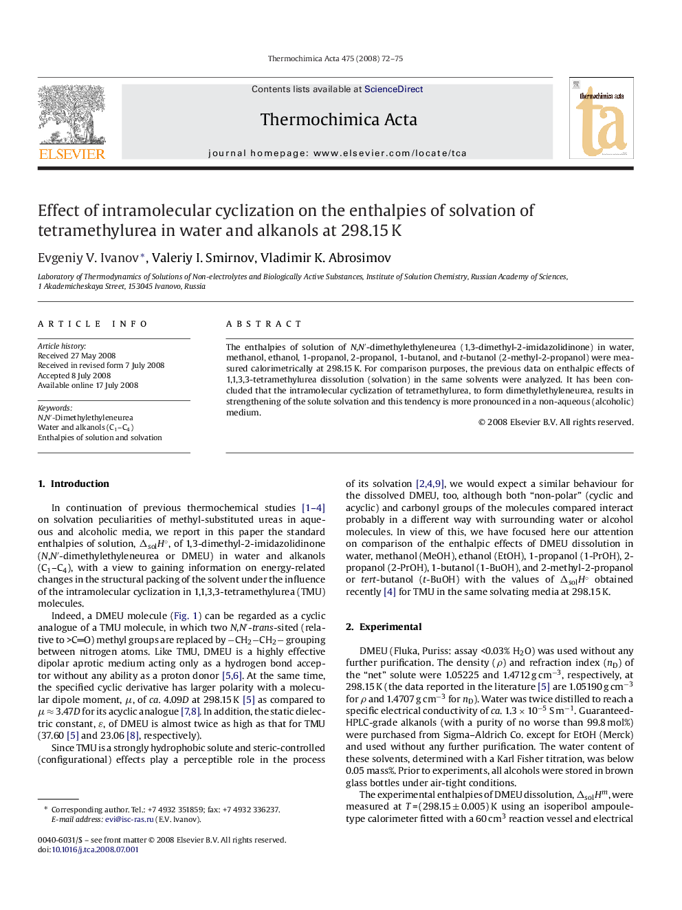 Effect of intramolecular cyclization on the enthalpies of solvation of tetramethylurea in water and alkanols at 298.15 K