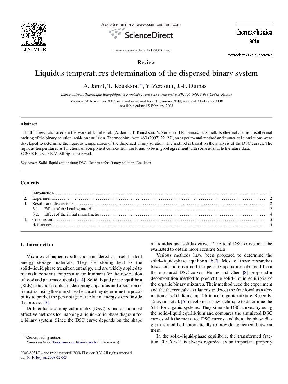 Liquidus temperatures determination of the dispersed binary system