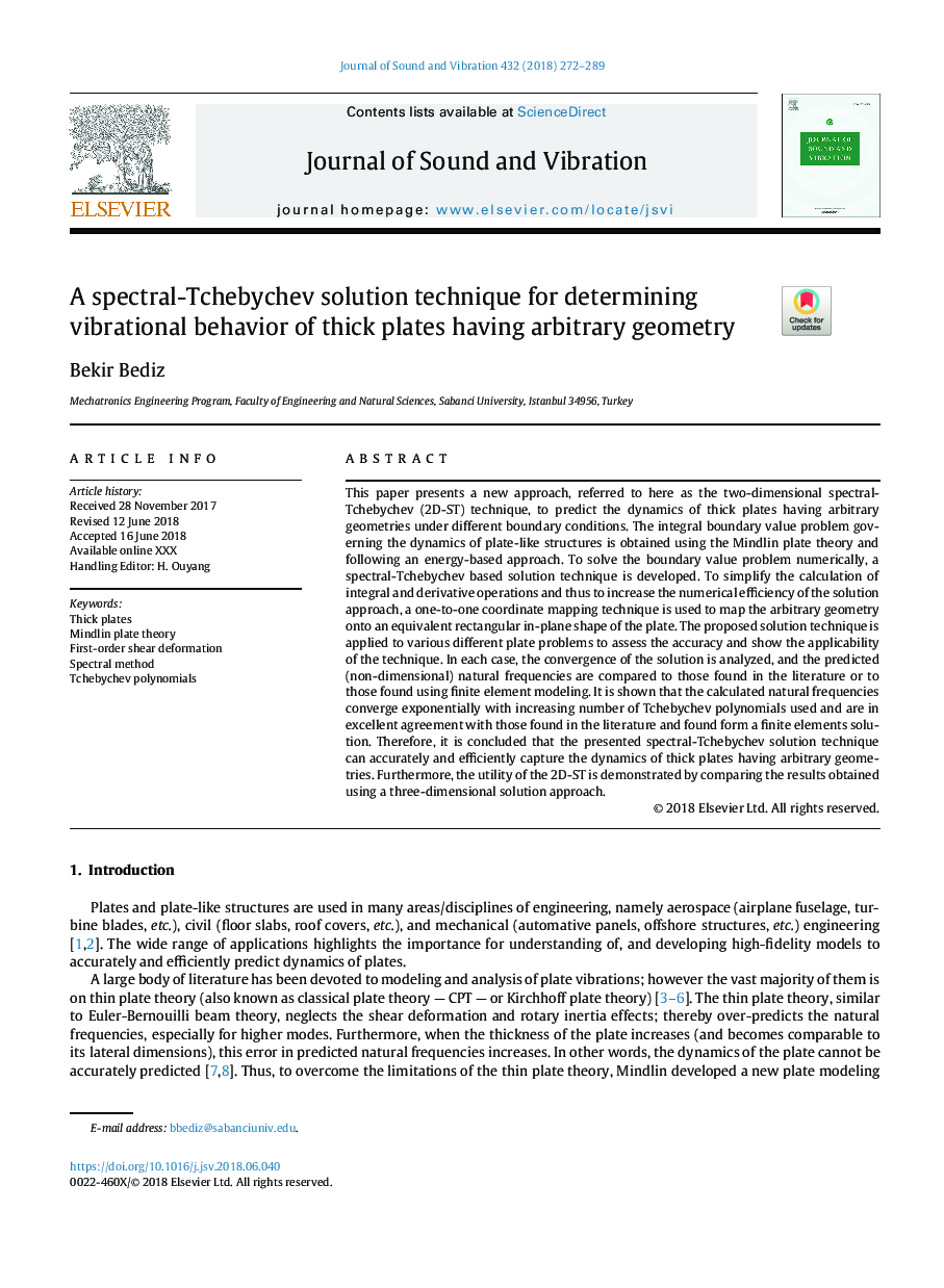 A spectral-Tchebychev solution technique for determining vibrational behavior of thick plates having arbitrary geometry