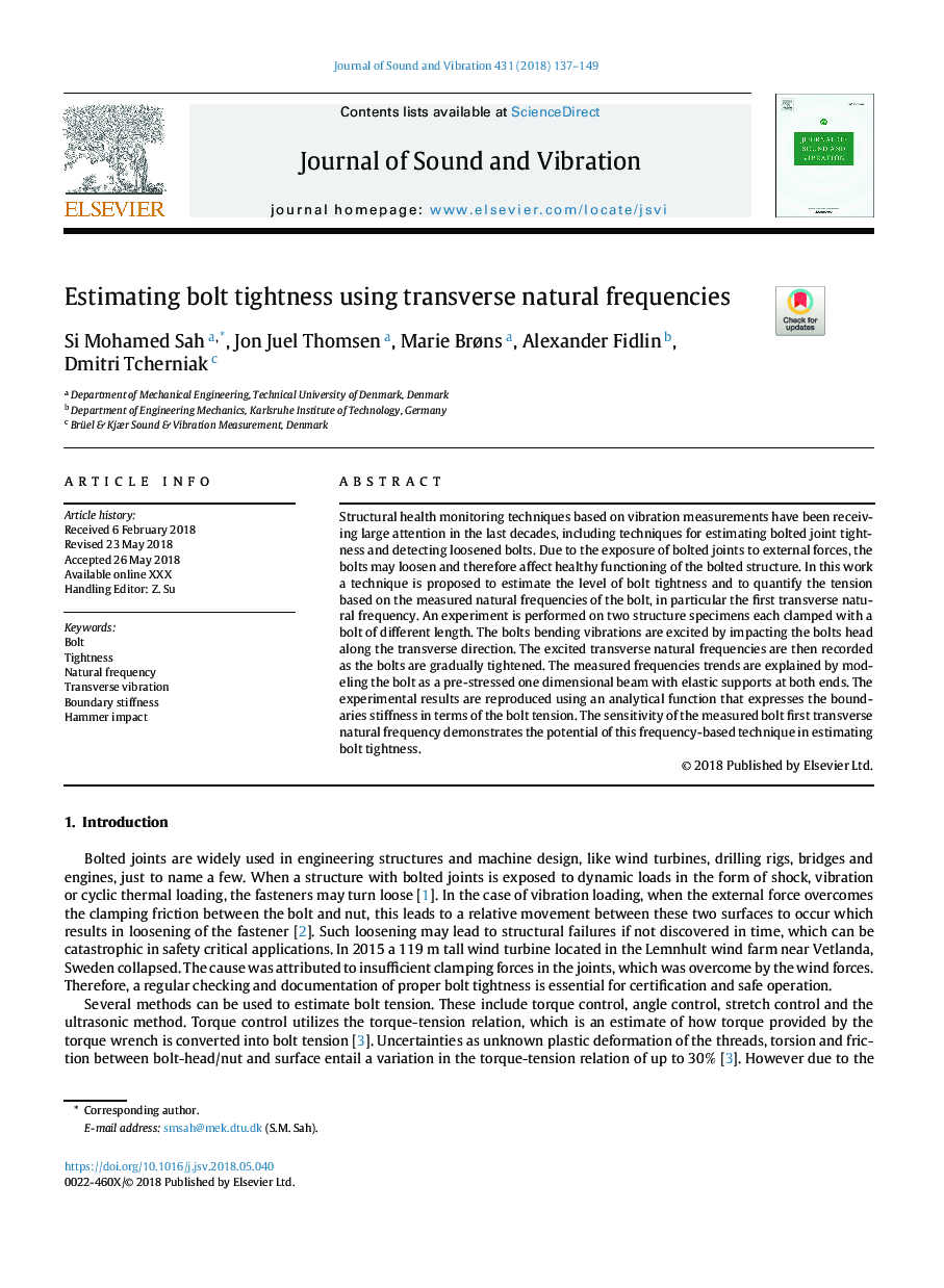 Estimating bolt tightness using transverse natural frequencies