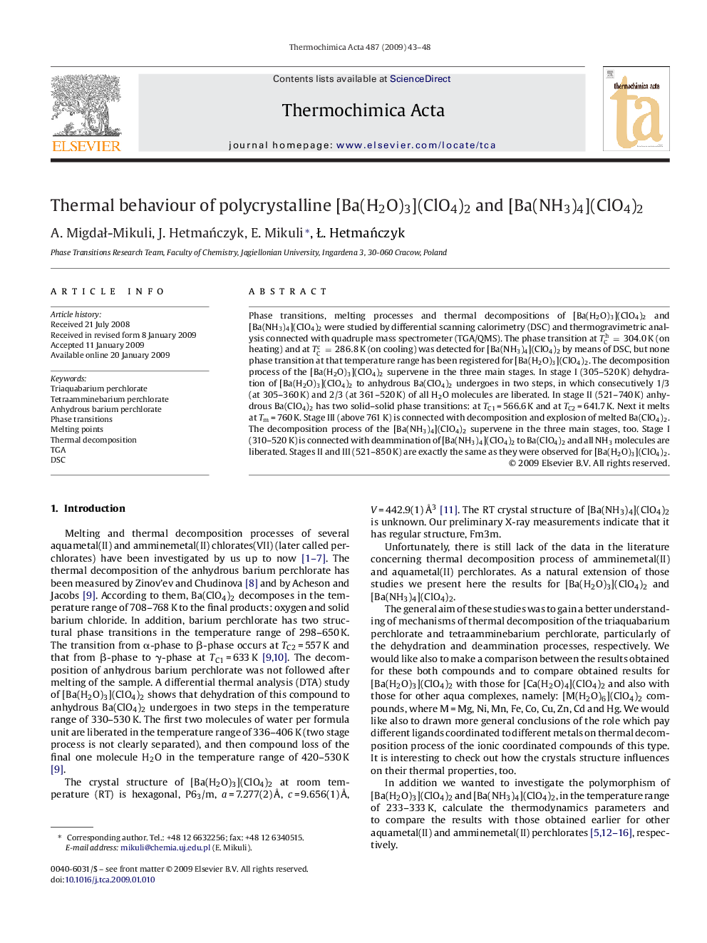 Thermal behaviour of polycrystalline [Ba(H2O)3](ClO4)2 and [Ba(NH3)4](ClO4)2