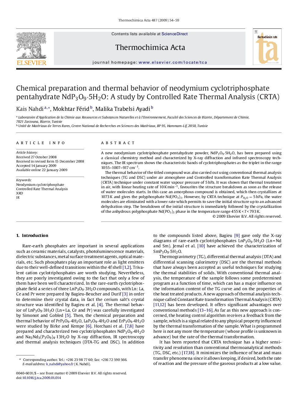 Chemical preparation and thermal behavior of neodymium cyclotriphosphate pentahydrate NdP3O9Â·5H2O: A study by Controlled Rate Thermal Analysis (CRTA)