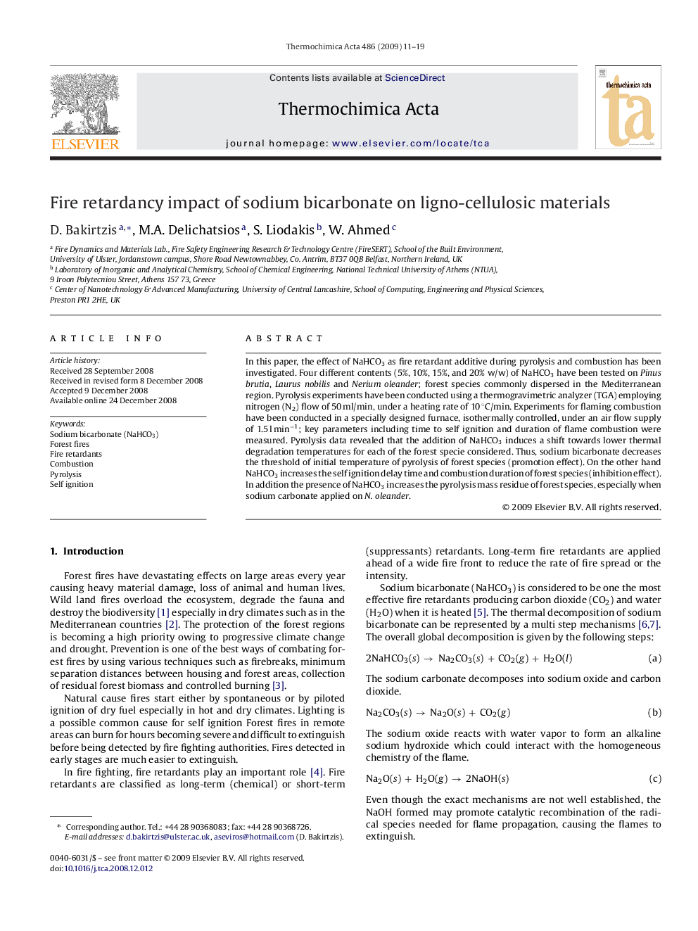 Fire retardancy impact of sodium bicarbonate on ligno-cellulosic materials