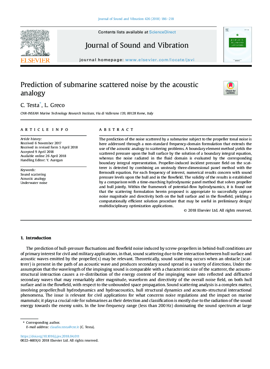 Prediction of submarine scattered noise by the acoustic analogy