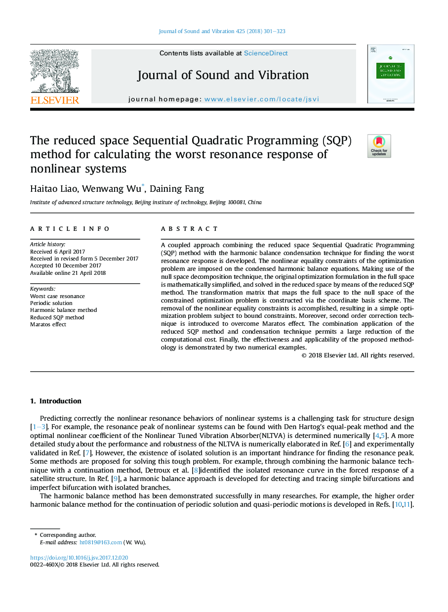 The reduced space Sequential Quadratic Programming (SQP) method for calculating the worst resonance response of nonlinear systems