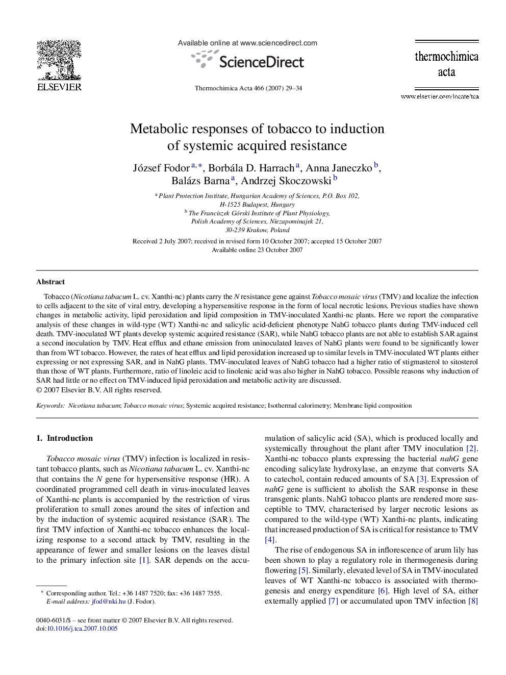 Metabolic responses of tobacco to induction of systemic acquired resistance