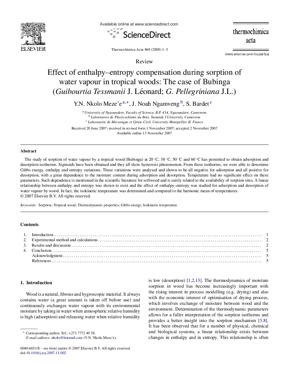 Effect of enthalpy–entropy compensation during sorption of water vapour in tropical woods: The case of Bubinga (Guibourtia Tessmanii J. Léonard; G. Pellegriniana J.L.)