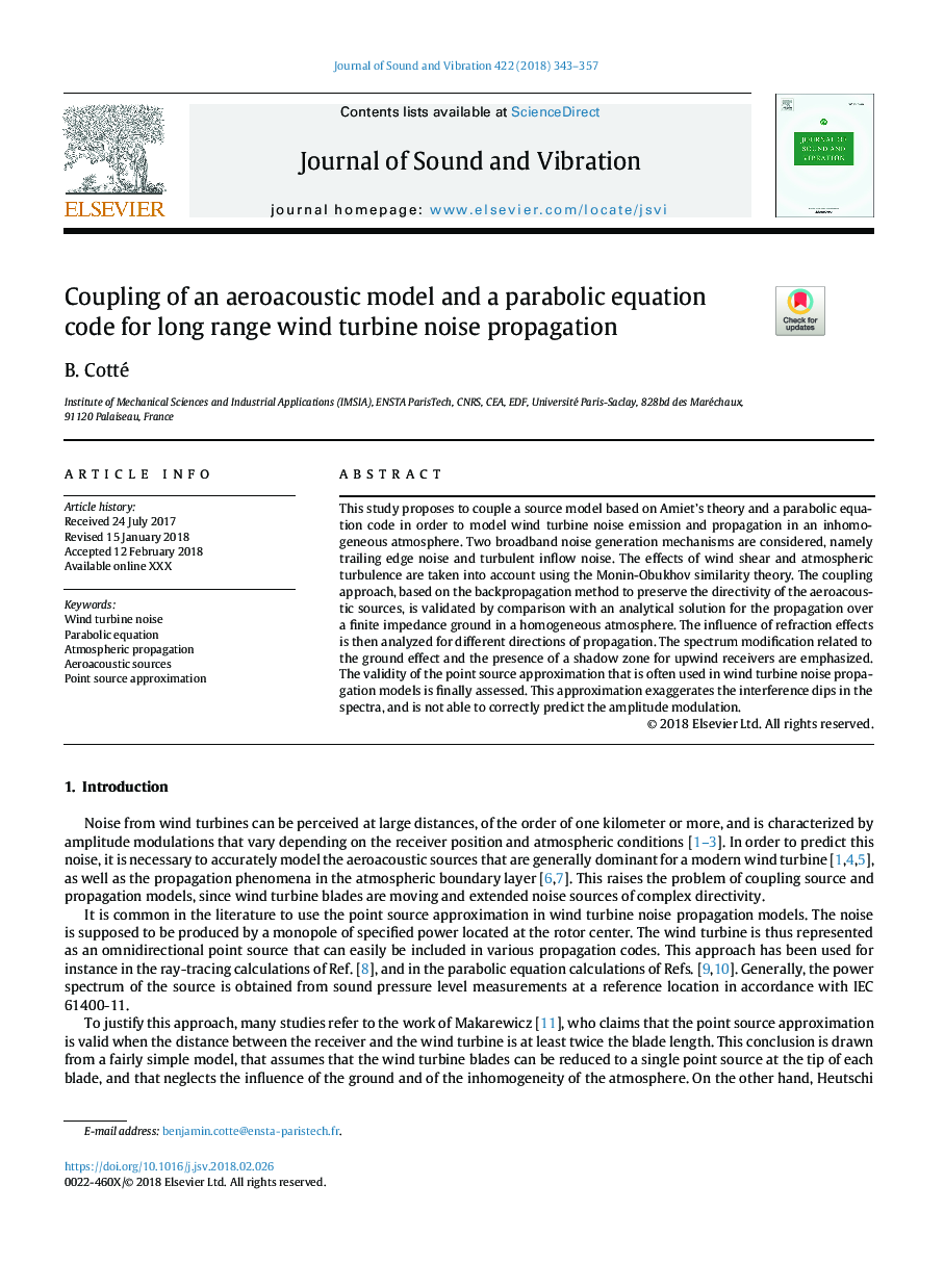 Coupling of an aeroacoustic model and a parabolic equation code for long range wind turbine noise propagation