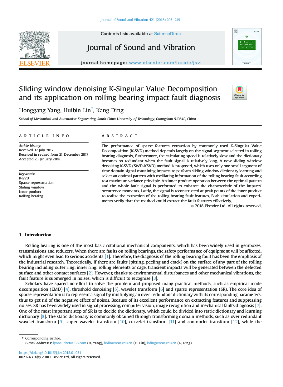 Sliding window denoising K-Singular Value Decomposition and its application on rolling bearing impact fault diagnosis