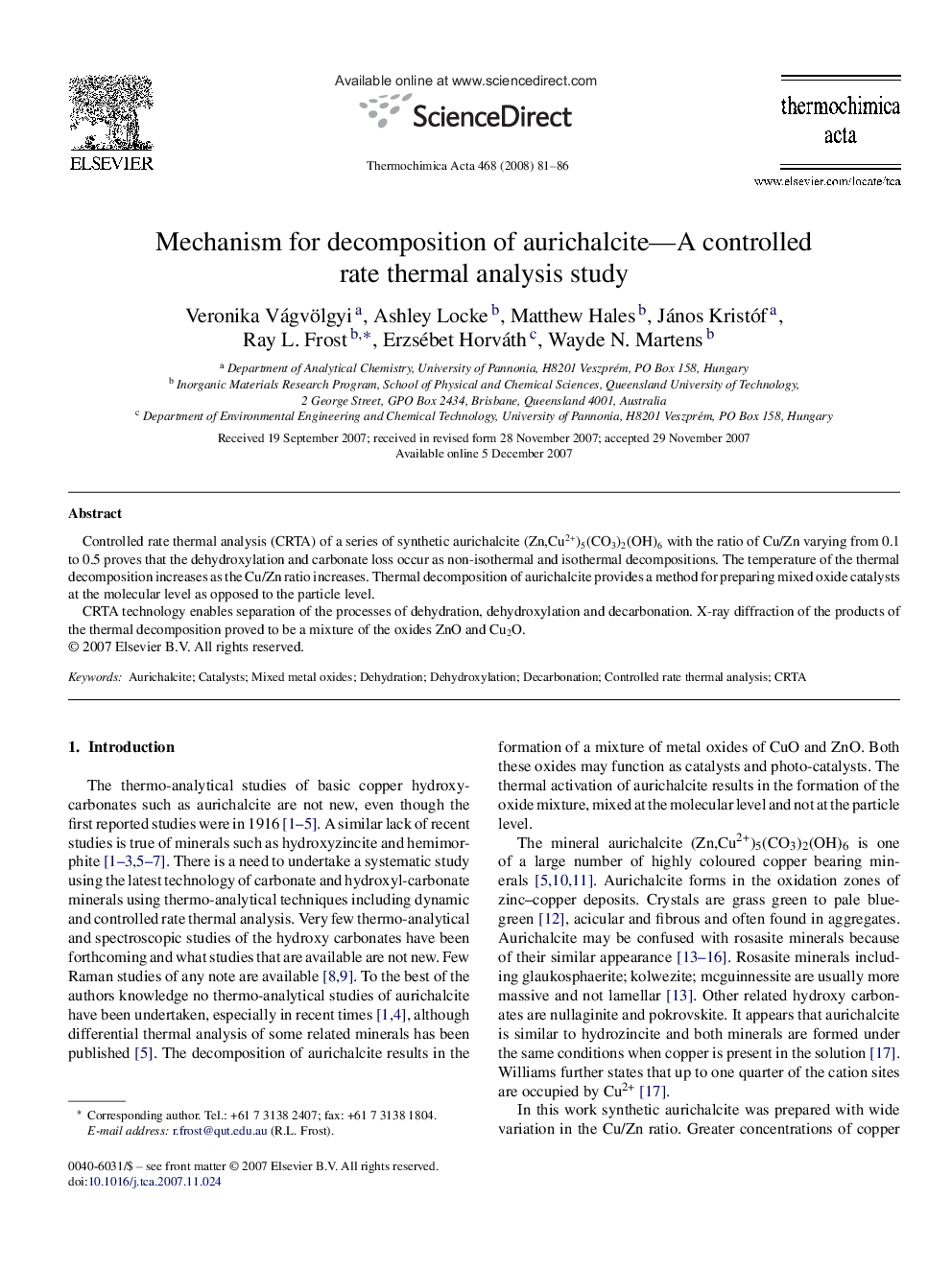 Mechanism for decomposition of aurichalcite—A controlled rate thermal analysis study