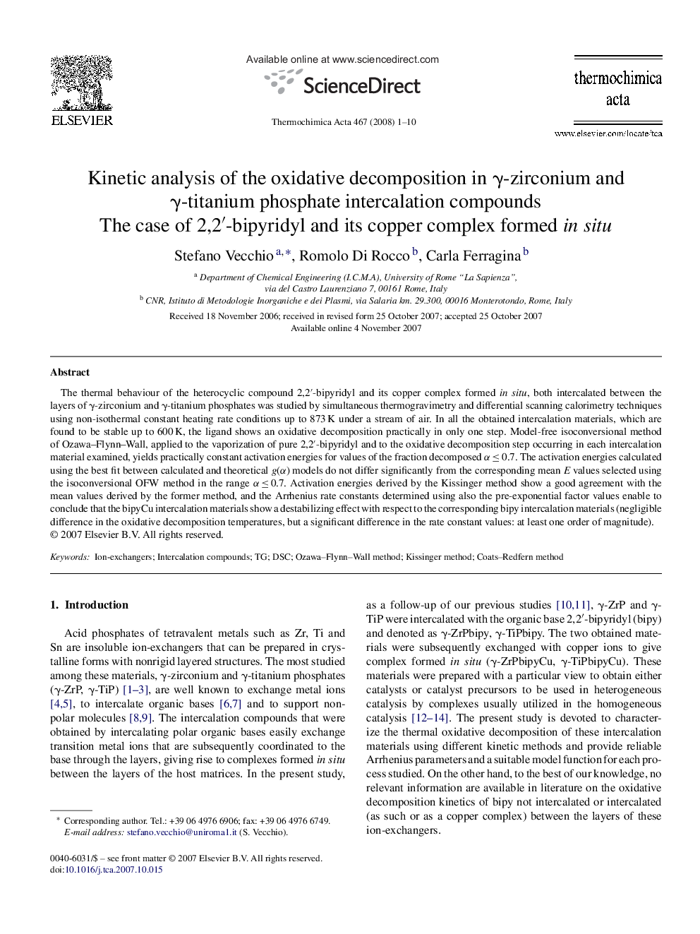 Kinetic analysis of the oxidative decomposition in γ-zirconium and γ-titanium phosphate intercalation compounds: The case of 2,2′-bipyridyl and its copper complex formed in situ