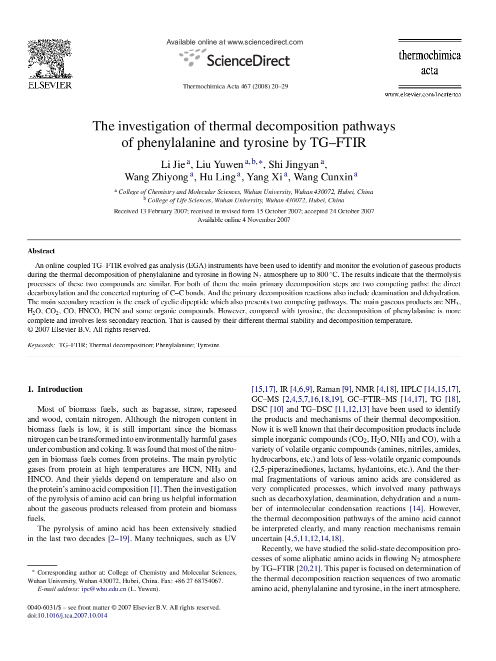 The investigation of thermal decomposition pathways of phenylalanine and tyrosine by TG–FTIR