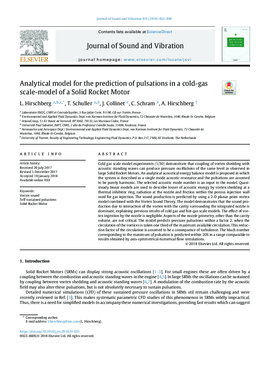 Analytical model for the prediction of pulsations in a cold-gas scale-model of a Solid Rocket Motor