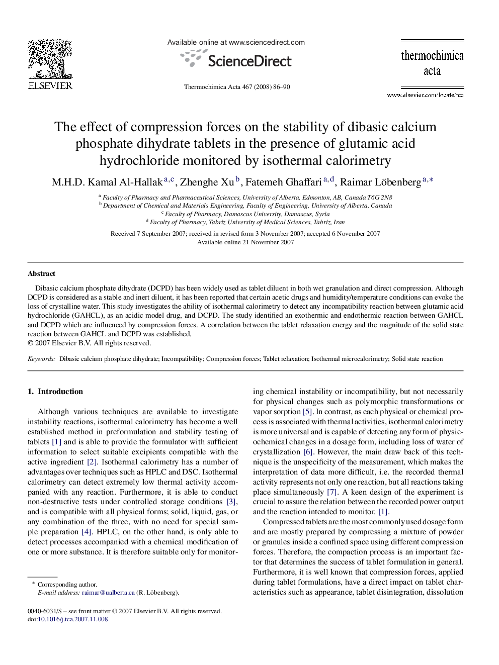 The effect of compression forces on the stability of dibasic calcium phosphate dihydrate tablets in the presence of glutamic acid hydrochloride monitored by isothermal calorimetry