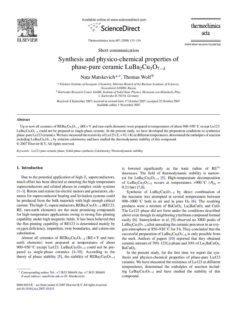 Synthesis and physico-chemical properties of phase-pure ceramic LuBa2Cu3O7−δ