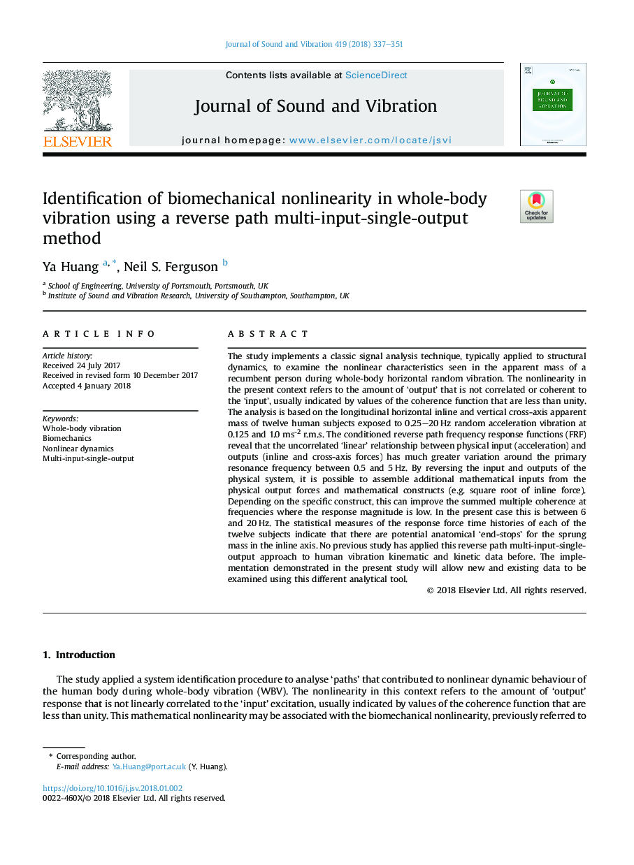 Identification of biomechanical nonlinearity in whole-body vibration using a reverse path multi-input-single-output method